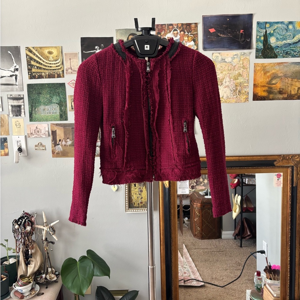 Rebecca Taylor Burgundy Frayed Trim Cropped Jacket